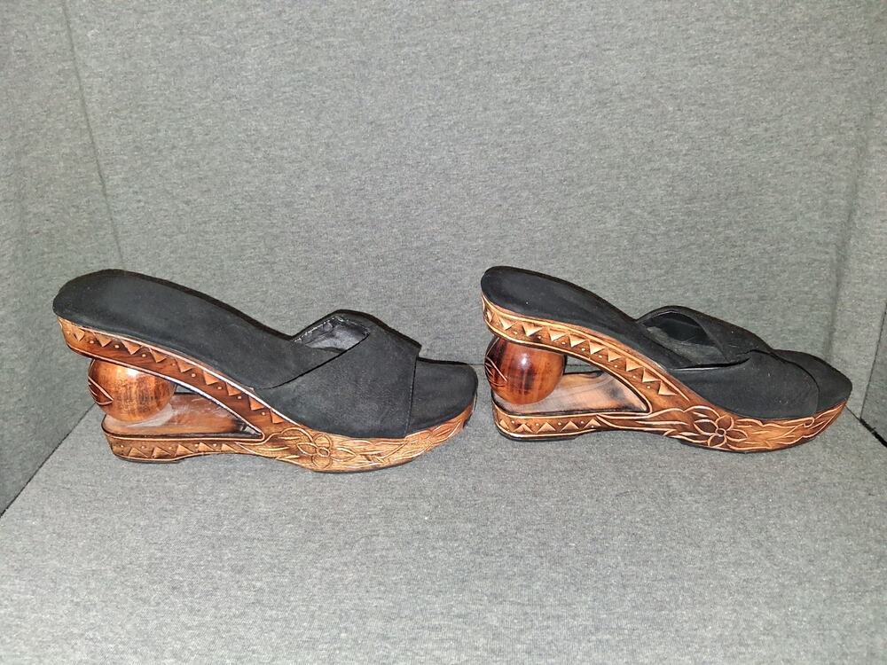 Vintage Hand Carved Wood Platform Sandals Sphere Ball Cutout Heel Suede Mules